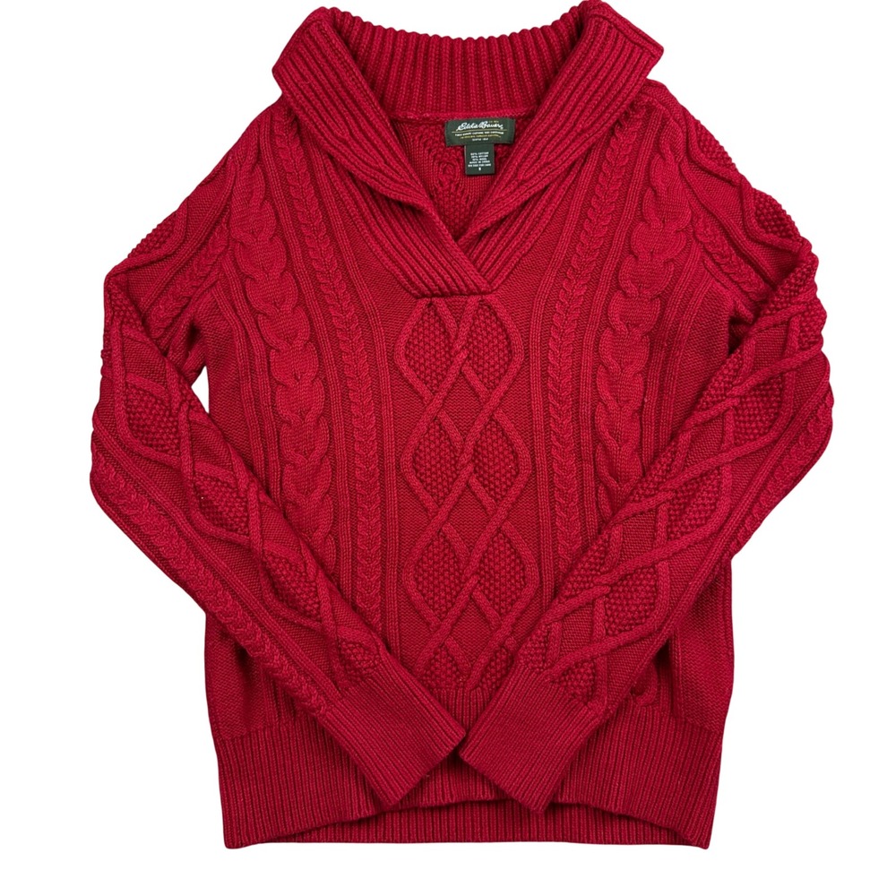Eddie Bauer Red‎ Cable Knit Fisherman Sweater Shawl Collar Wool Blend Womens S